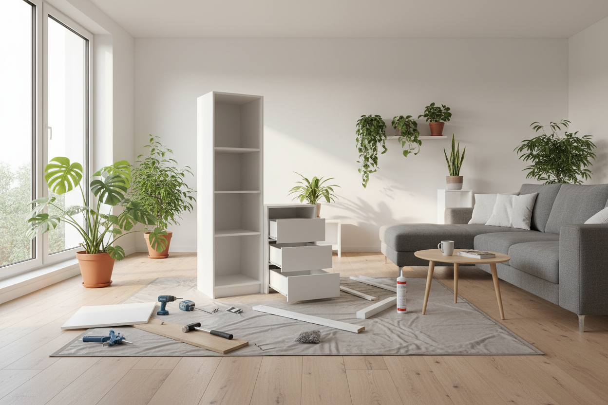 Kleine Baustelle mit DIY Möbel-Aufbau zuhause. Helles geräumiges Zimmer, ein weißer Hochschrank wird aufgebaut - Werkzeug wie Akkuschrauber, Kartusche mit Silikon liegt herum - Zimmer mit Zimmerpflanzen, gemütlich und stillvoll    